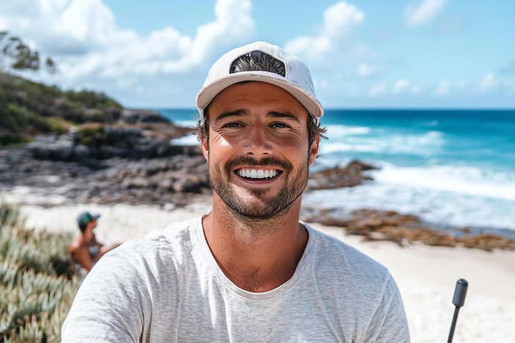 Smiling traveler in a white hat relaxing on a sunny coastline