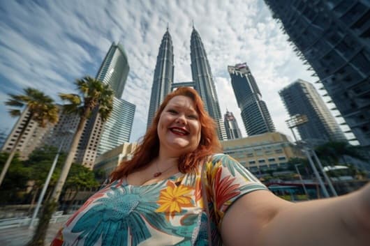Smiling traveler taking a selfie in front of the iconic Petronas Twin Towers skyscrapers